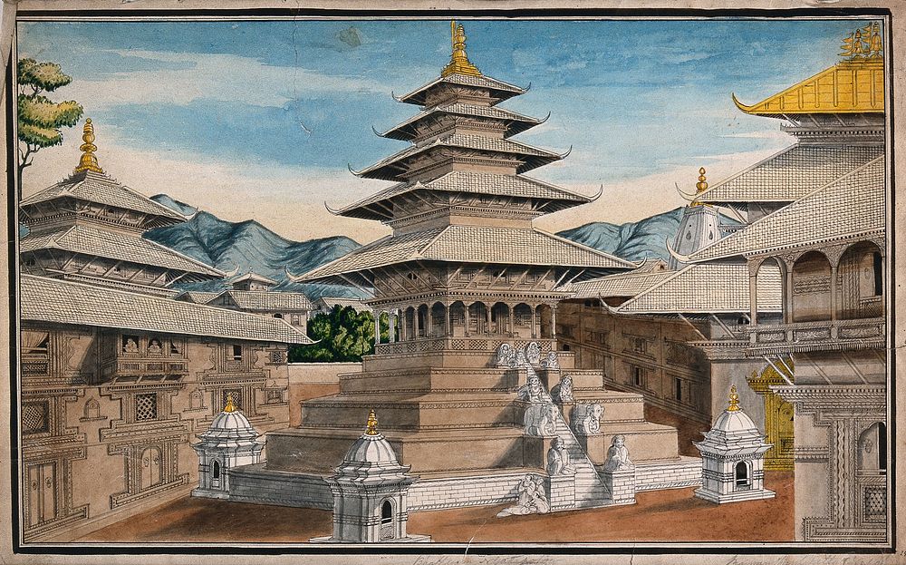 Nepal: Nyatapole temple in Bhaktapur. Watercolour by an Nepalese painter .