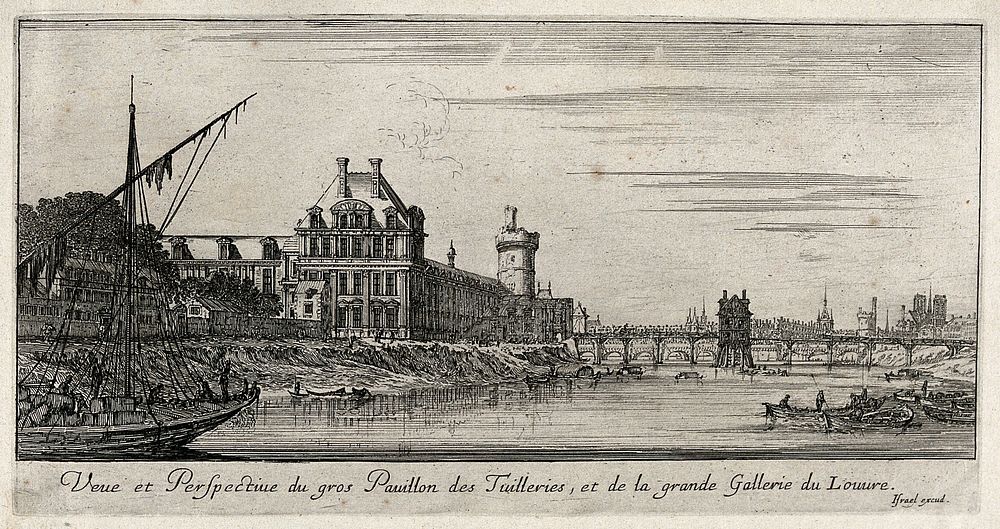 Pavilion of the Tuileries and the Louvre seen from the river bank. Etching.