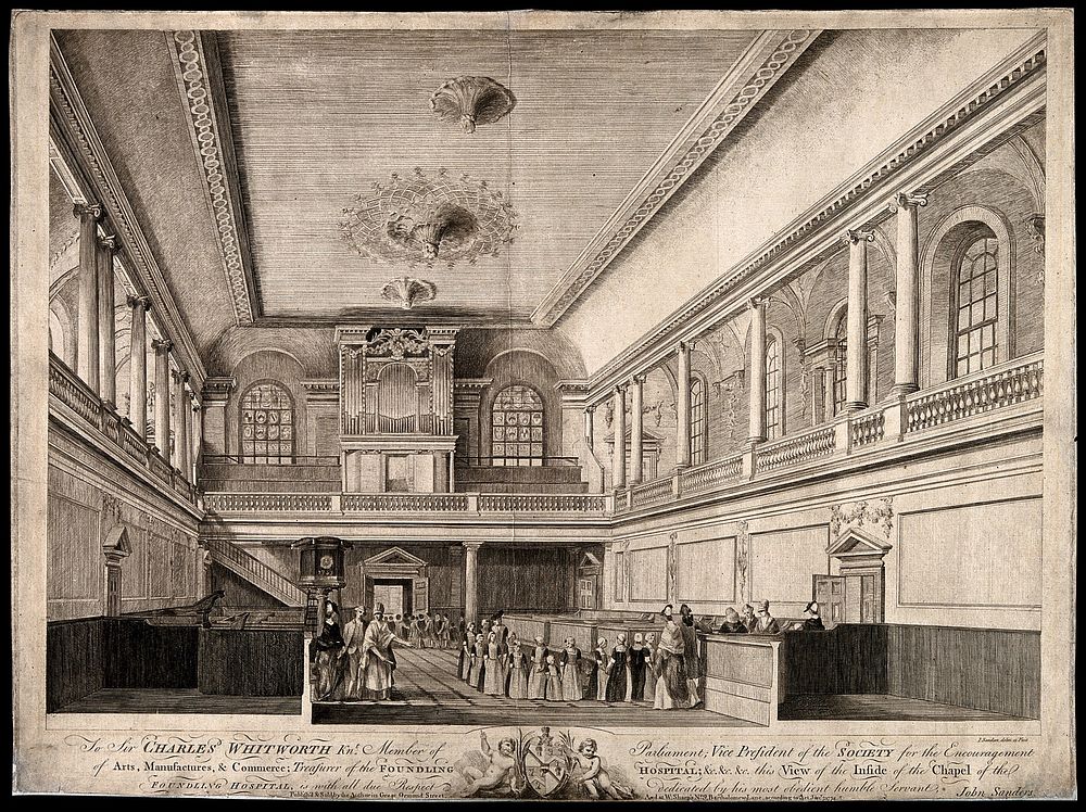 Foundling Hospital, Holborn, London: interior of chapel. Etching by John Sanders, 1774, after himself.