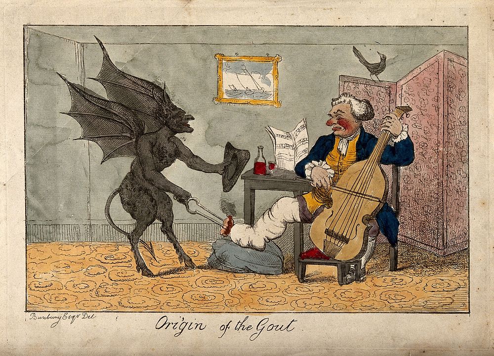 A gouty man who is drinking wine and playing the cello; the pain is represented by a devil burning his foot. Coloured…
