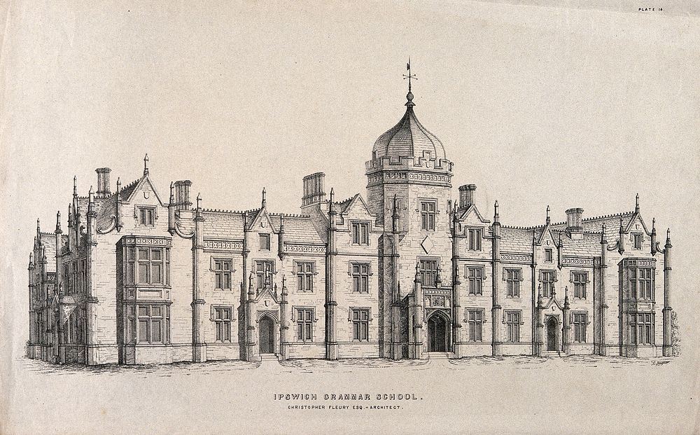 Grammar School, Ipswich, Suffolk. Transfer lithograph by C. Bagster after C. Fleury.