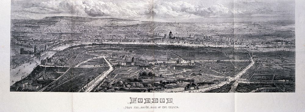 A panorama of London, looking north from Lambeth. Wood engraving by R. Loudan, before 1870, after T. Sulman.