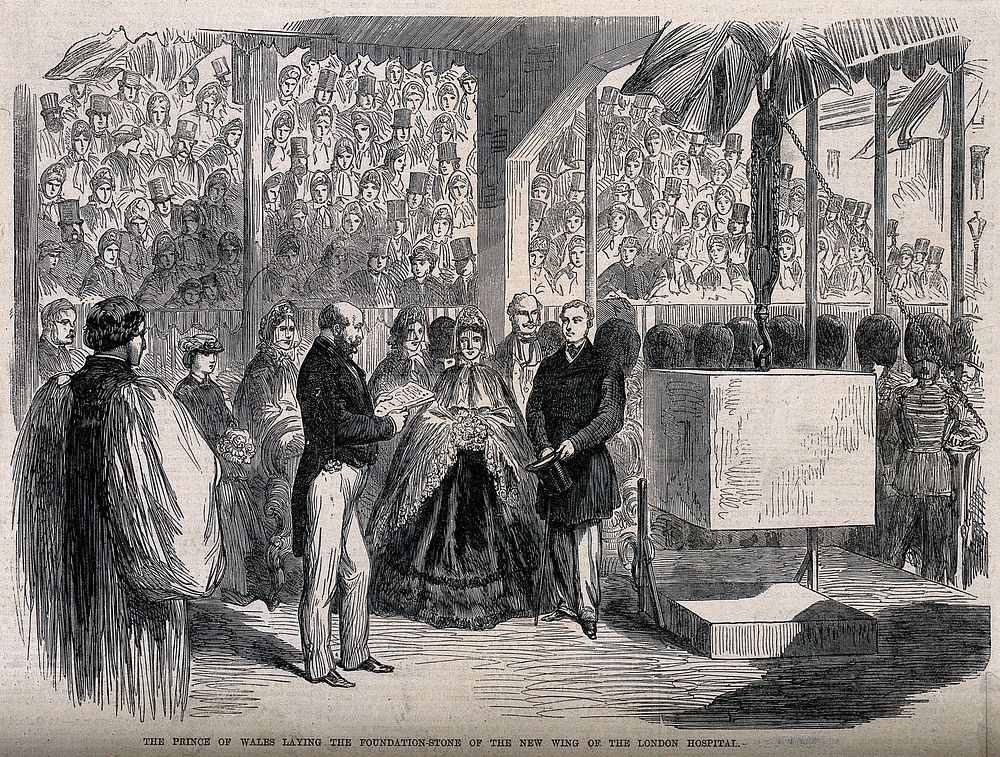 The London Hospital, Whitechapel: the ceremony of laying the foundation stone for the new wing. Wood engraving, 1864.