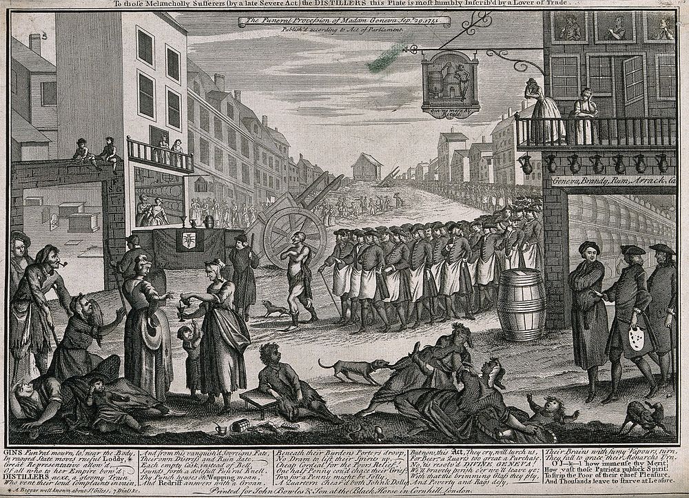 A procession of publicans and a beggar following the coffin of Madam Geneva; attacking the Act preventing distillers from…