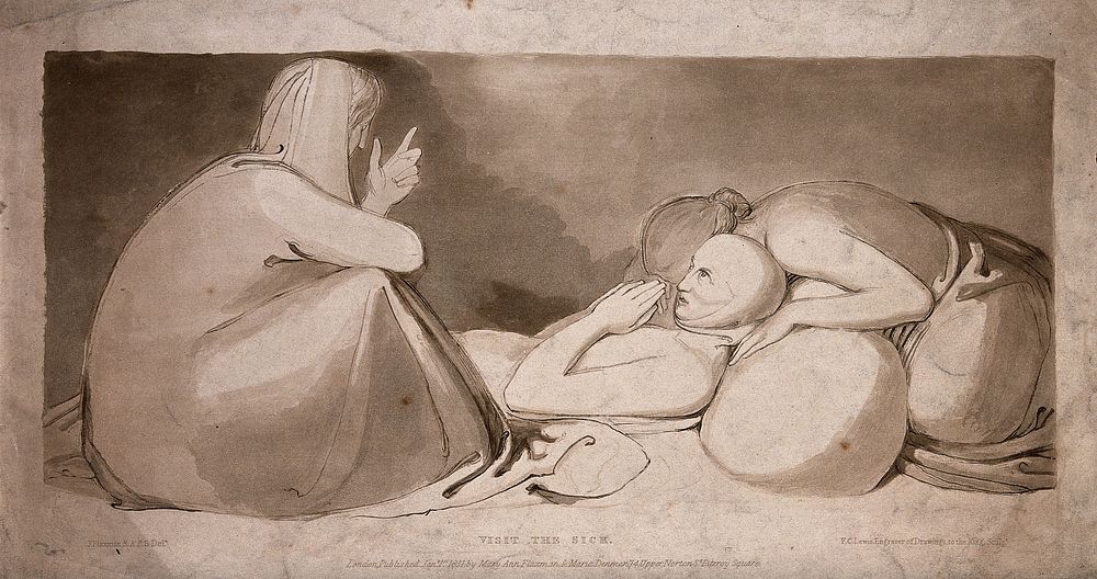 Visiting the sick: a grieving woman bends over a praying patient. Tinted aquatint by F.C. Lewis, 1831, after J. Flaxman.