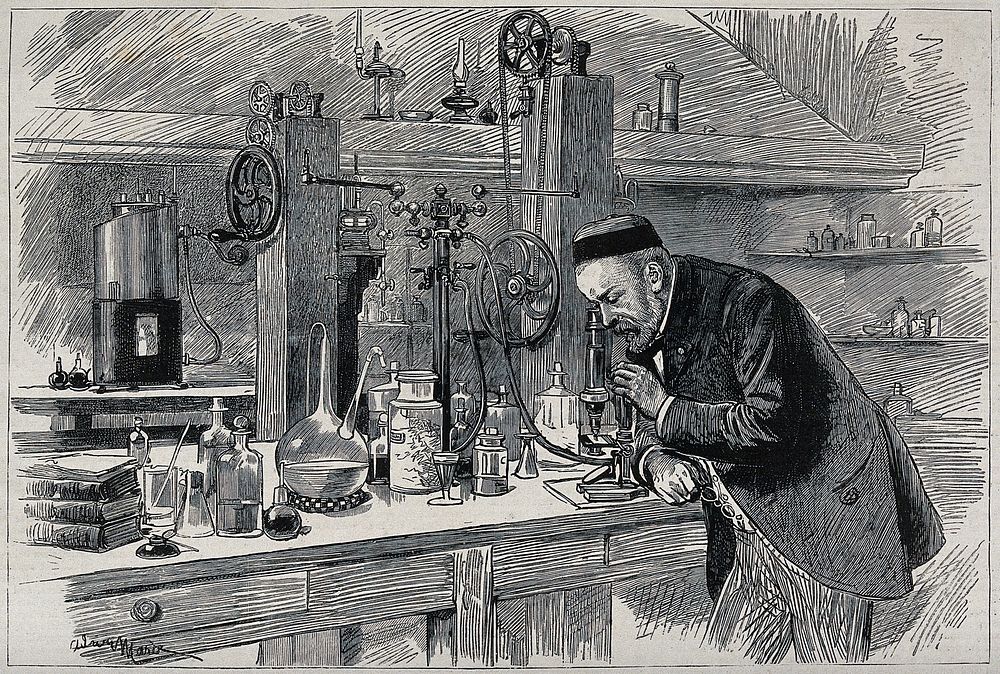 Louis Pasteur in his laboratory, looking through a microscope. Wood engraving by A. Marie, 1885.