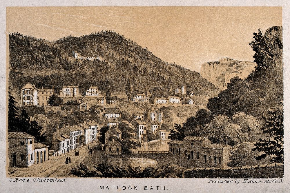 Matlock Bath, Derbyshire: panoramic view. Tinted lithograph by G. Rowe.