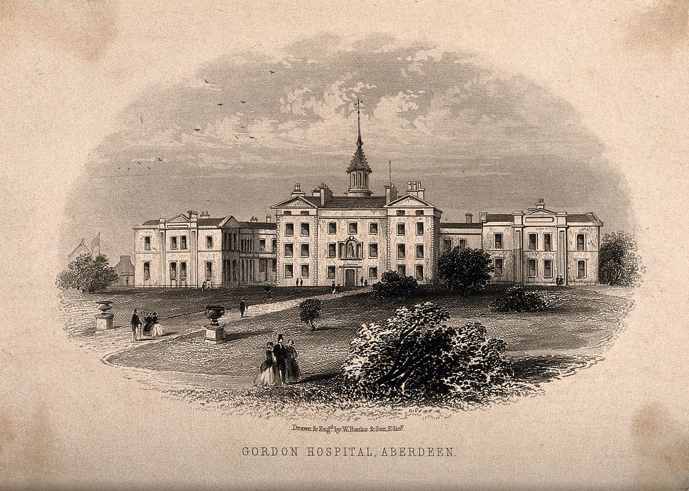 Facade and grounds of Gordon Hospital, Aberdeen. Engraving by W. Banks and son.