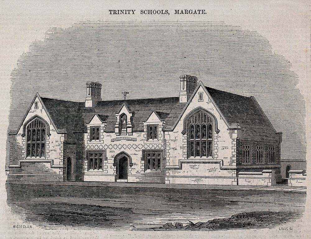 Trinity Schools, Margate, Kent. Wood engraving by Laing, 1850, after W. Caveller.