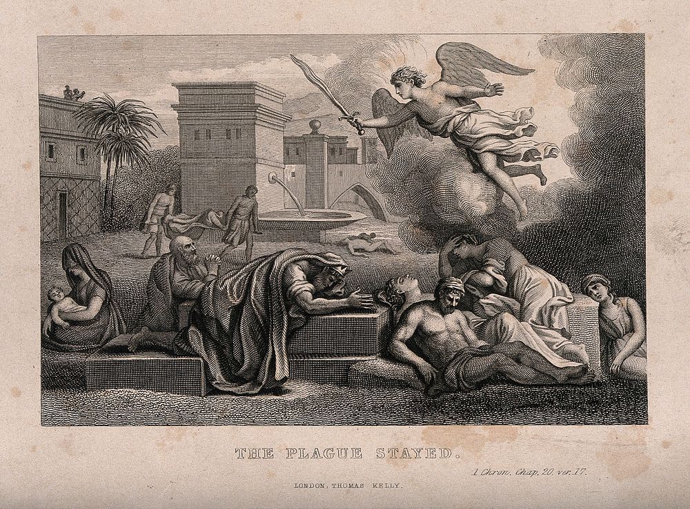 The angel of God staying the plague. Engraving.