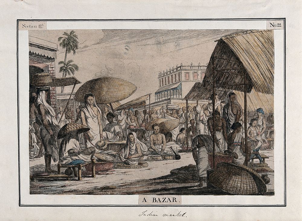 Market scene, Calcutta, West Bengal. Coloured etching by François Balthazar Solvyns, 1799.