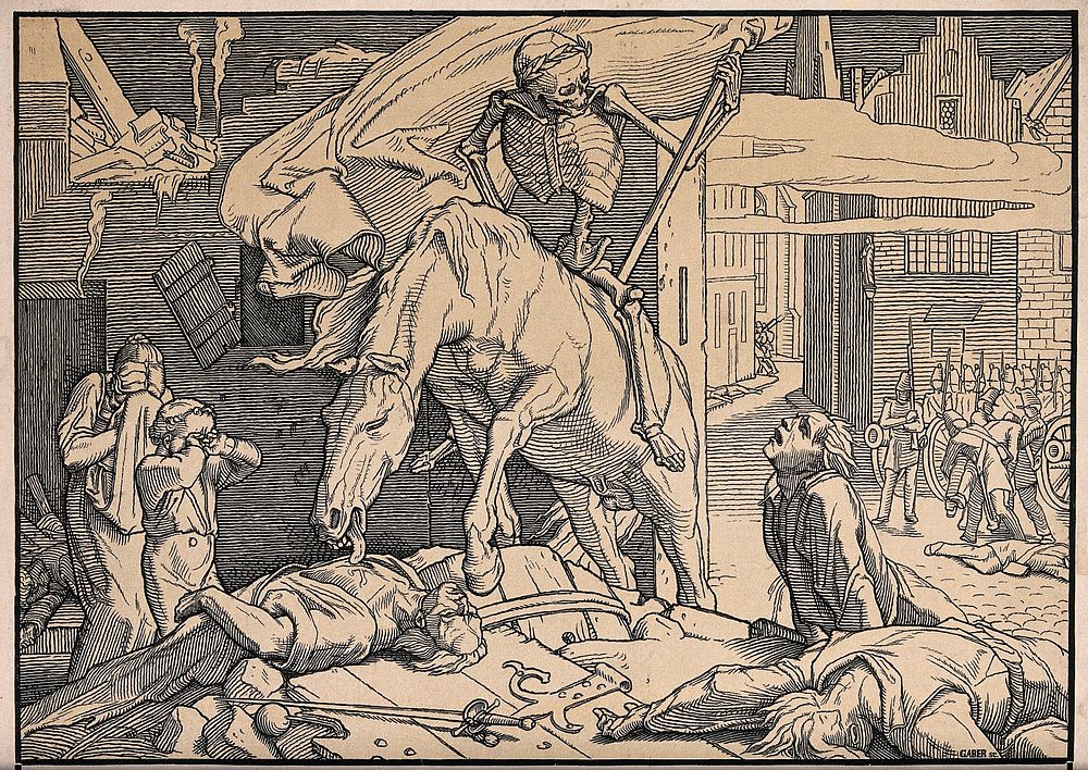 The dance of death: Death, seen riding his horse, leaves the city as the hero who equalised those who followed him blindly.…