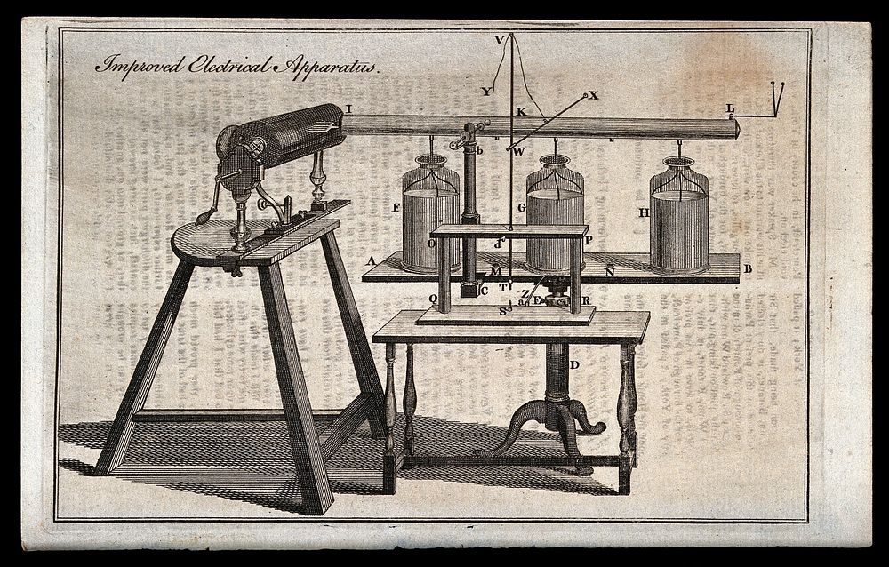 Electricity: an electro-static machine charging three Leyden Jars. Engraving.