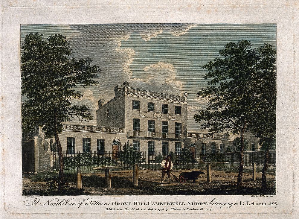 John Coakley Lettsom's house: north view of Grove Hill, Camberwell, Surrey. Coloured engraving by Darton and Harvey, after…