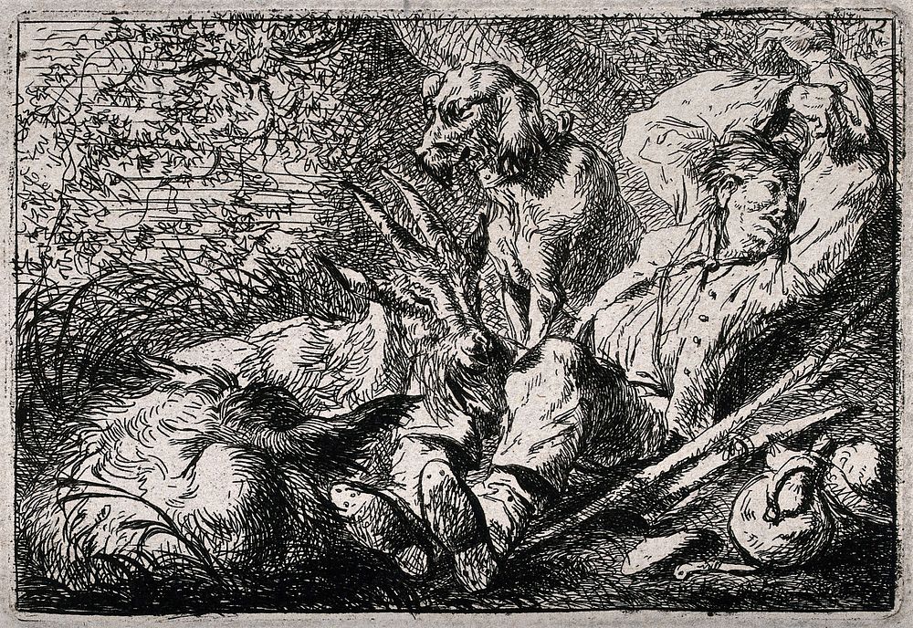 A goatherd lies down to rest with his goats and his dog. Etching by F. Müller.