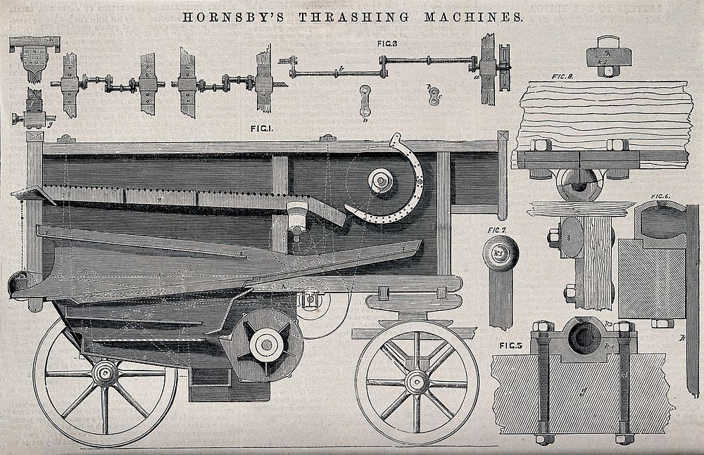 Farming: a threshing machine designed by Richard Hornsby mounted on a cart: cutaway side elevation, and details. Wood…