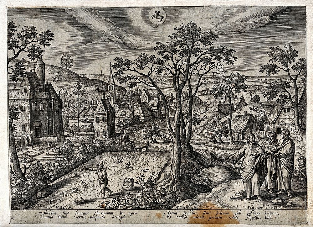 The month April and the sign of Taurus, represented by a village in spring, and by the parable of the sower. Engraving by A.…