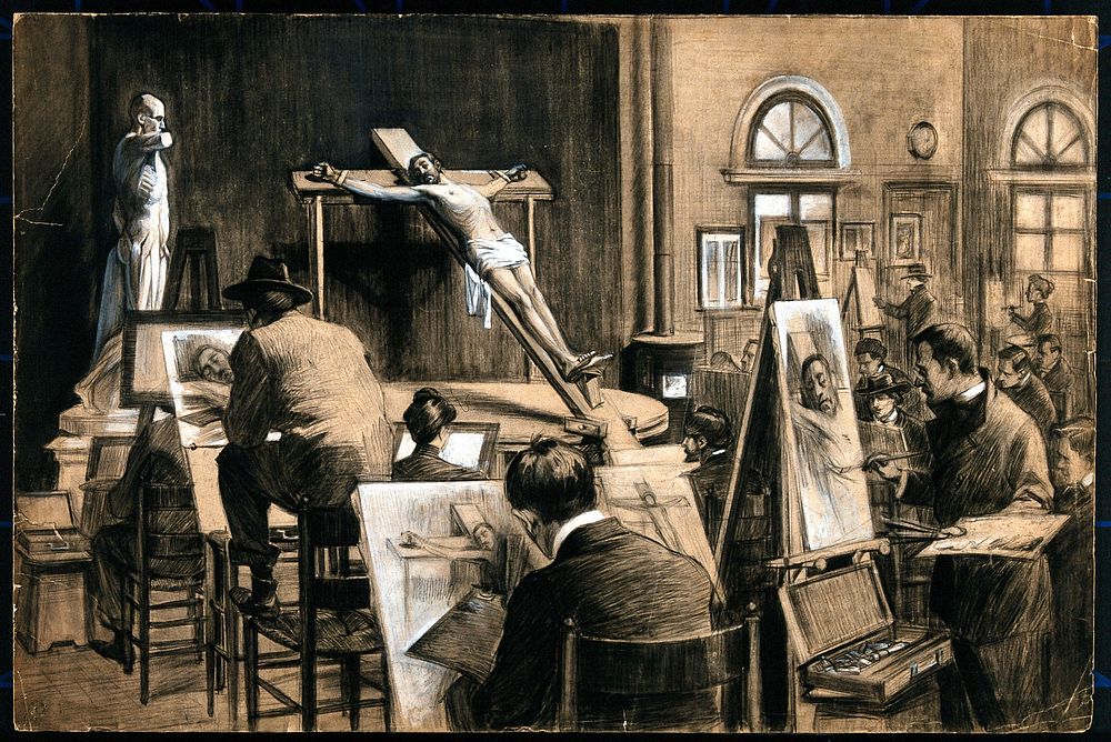 A life class in Rome with a model posed as a crucified man with an écorché figure to the left. Drawing by A. Bianchini, 1902.