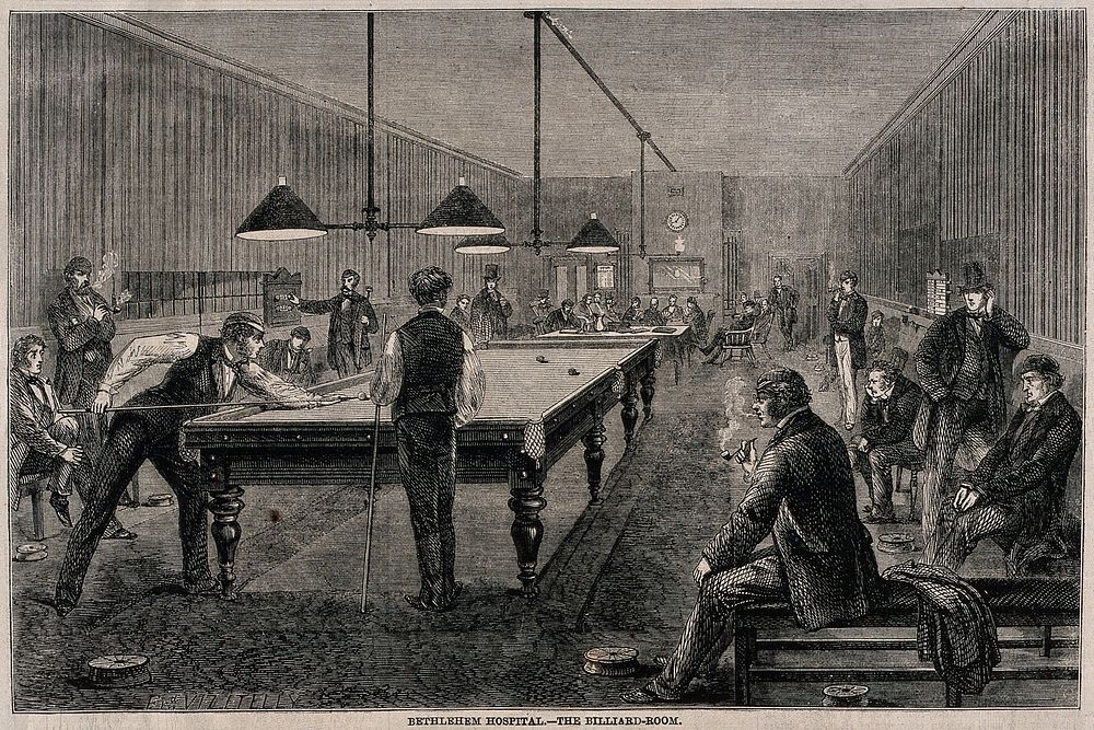 The Hospital of Bethlem [Bedlam], St. George's Fields, Lambeth: the billiard room. Wood engraving by F. Vizetelly, 1860.