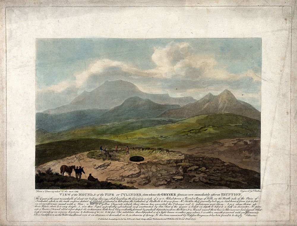 Mound and pipe after the "Geyser" hot water springs in Iceland have erupted. Coloured engraving by F. Chesham, 1797, after a…