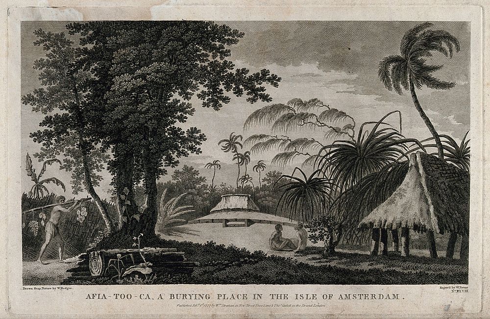 Afia-Too-Ca, a burying place on Tongatapu, Tonga. Engraving by W. Byrne after W. Hodges, 1st February 1777.