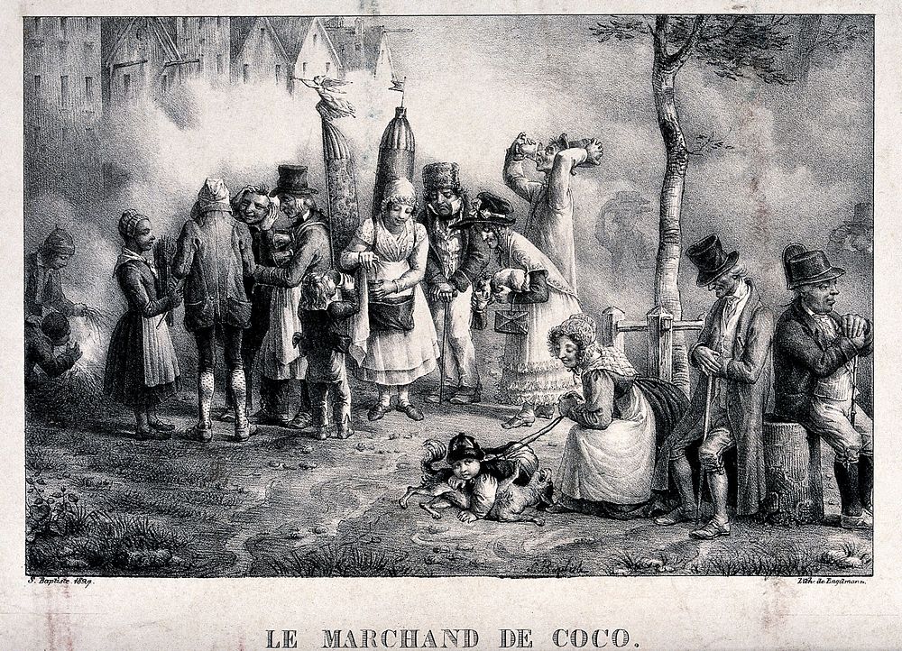 People purchasing drinks from a cocoa vendor as others sit resting under a tree in fog. Lithograph by Engelmann after S.…