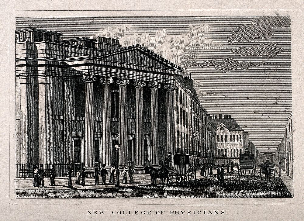 The Royal College of Physicians, Trafalgar Square: the facade. Engraving by T. Barber, 1828, after T. H. Shepherd.
