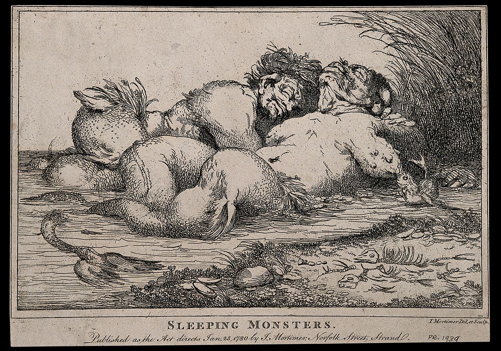 Two sleeping water creatures, similar to mermaids. Etching by J.H. Mortimer, 177-.