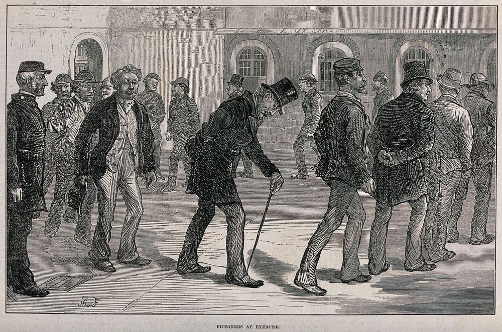 Newgate Prison, London: male prisoners taking exercise by walking around the prison yard. Wood engraving after M.…
