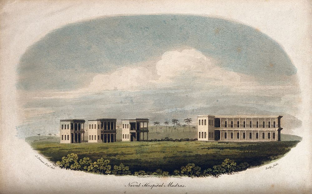 Naval Hospital, Madras, India. Coloured aquatint by Baily, 1811, after J. Inman.
