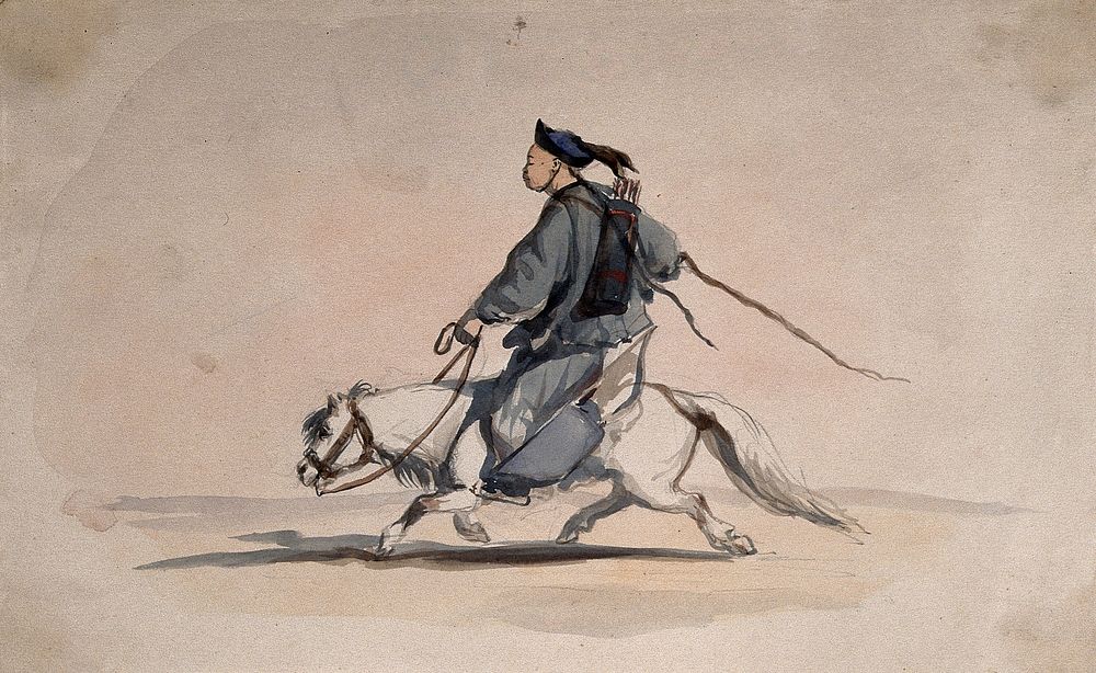 A Chinese soldier bearing weapons on his back, on horseback. Watercolour by C. Wirgman, ca. 1857.