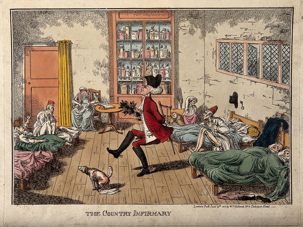 A nonchalant doctor dancing a jig amidst unhappy patients in a decrepit hospital ward. Coloured etching by C. Williams, 1813.