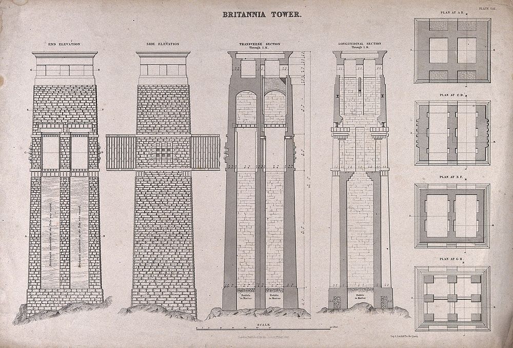 Civil engineering: the supporting masonry for the Menai box girder bridge. Lithograph by Day & son, 1849, after E. Clark.