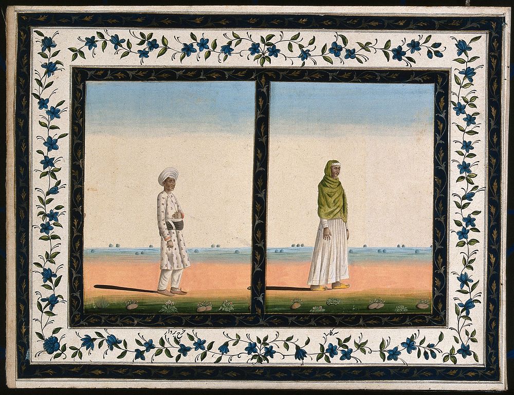 Two men wearing different traditional clothes. Gouache painting by an Indian artist.