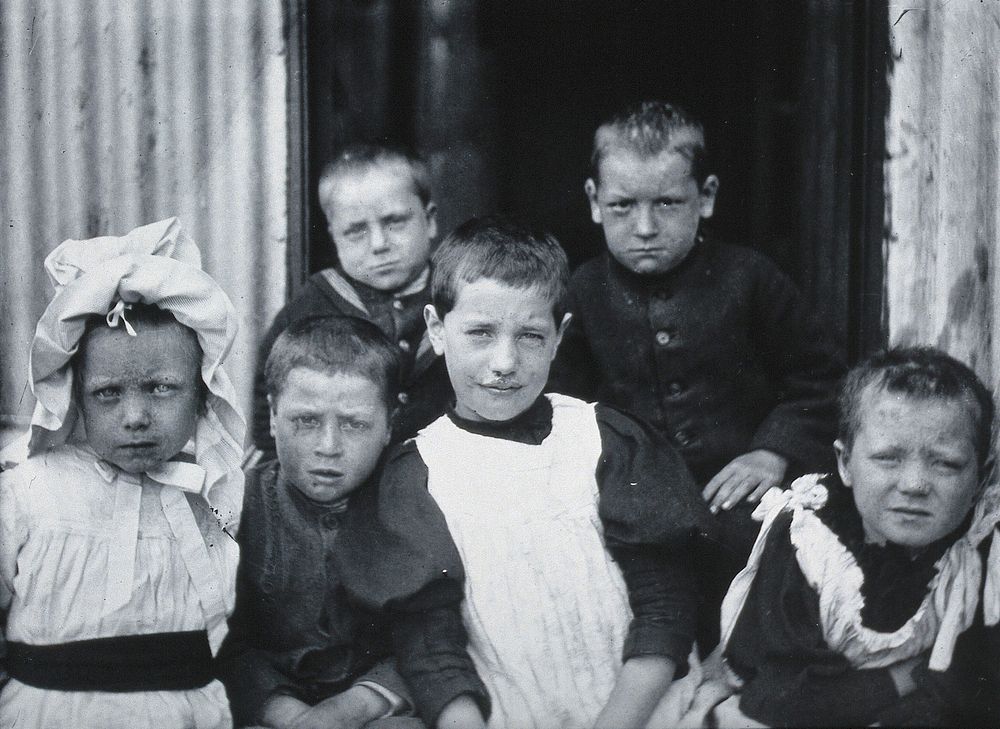 Gloucester smallpox epidemic, 1896: six convalescent children. Photograph by H.C.F., 1896.