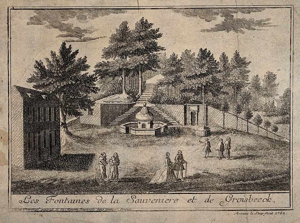 Spa, Belgium: monks and visitors at the fountains of Sauveniere and Groisbeeck. Engraving by M.B. Wachsmuth after A. Le…
