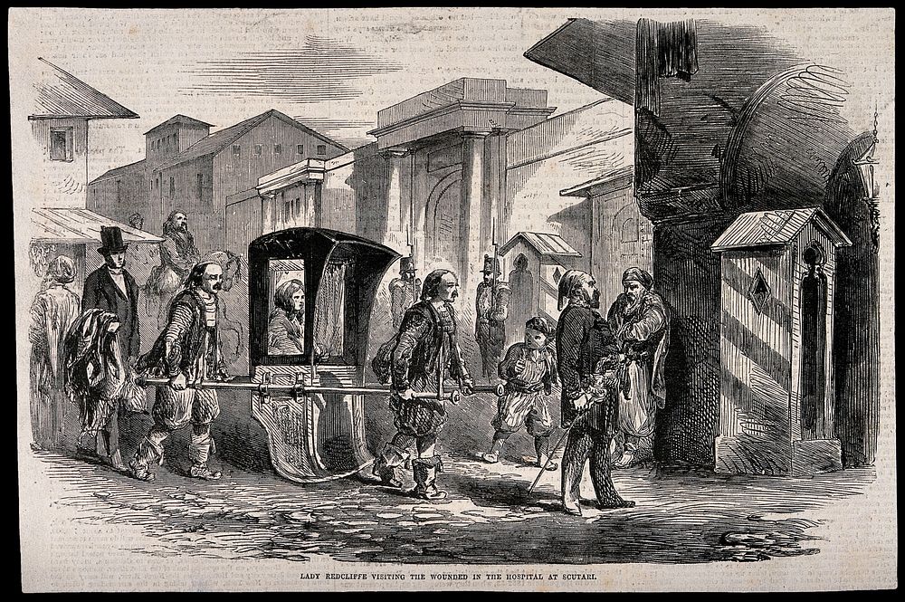 Crimean War: Lady Radcliffe visiting the wounded at Scutari Hospital. Wood engraving.