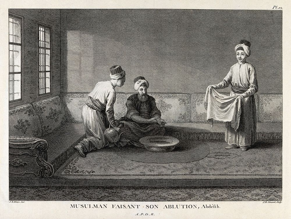 A Muslim man at his ablutions being attended by two servants. Engraving by J.B. Simonet after J.B. Hilaire.