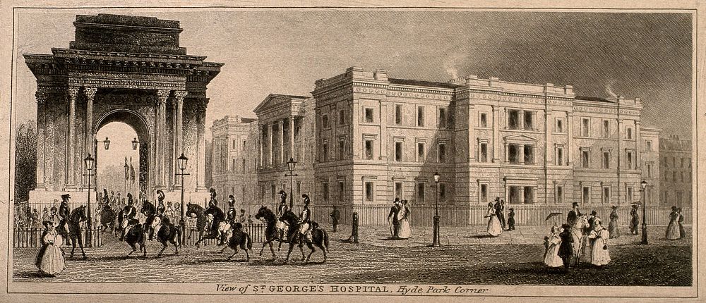 St. George's Hospital and the Constitution Arch, Hyde Park Corner. Engraving.