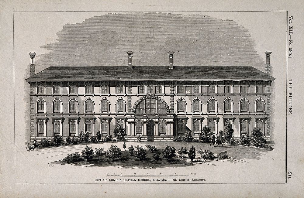 City of London Freemen's Orphan School, Brixton, London. Wood engraving by W.E. Hodgkin, 1854, after B. Sly.