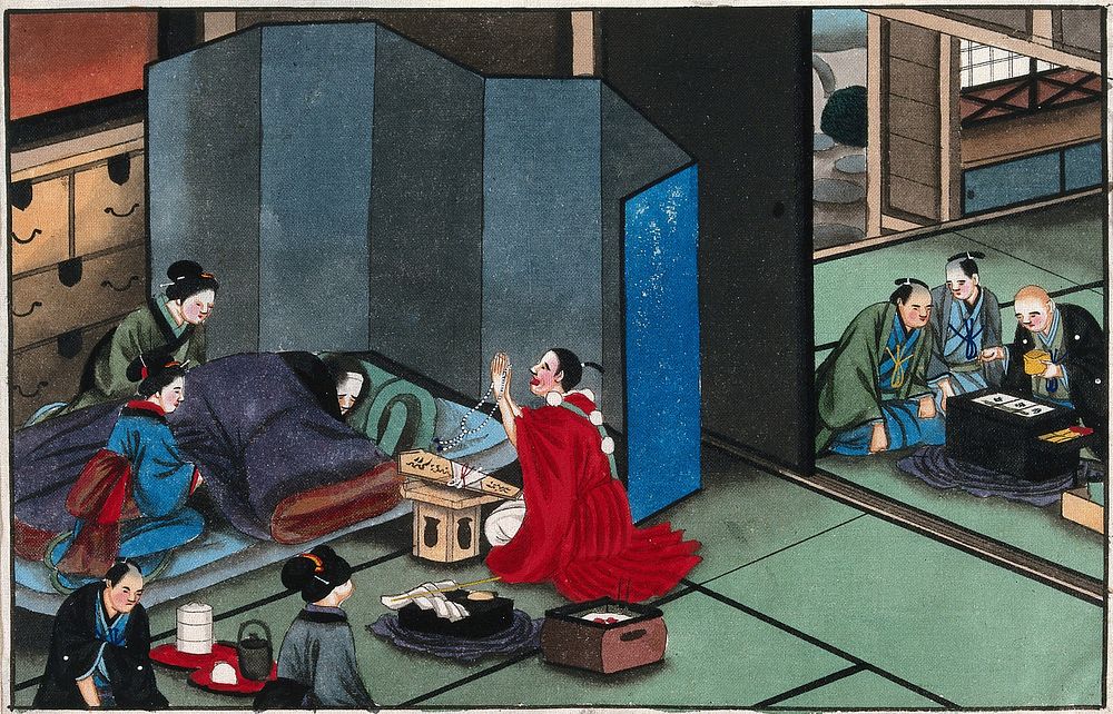 Japanese funeral customs: a grieving family at the bedside of a dead man. Watercolour, ca. 1880 .