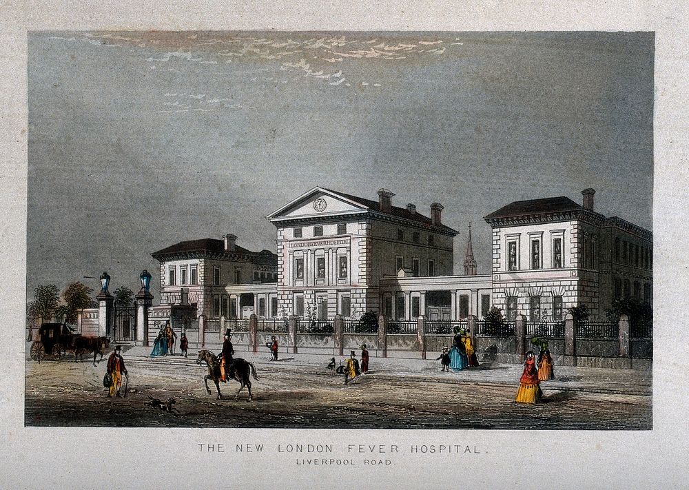 London Fever Hospital, Liverpool Road, Islington: viewed from the south. Coloured engraving.