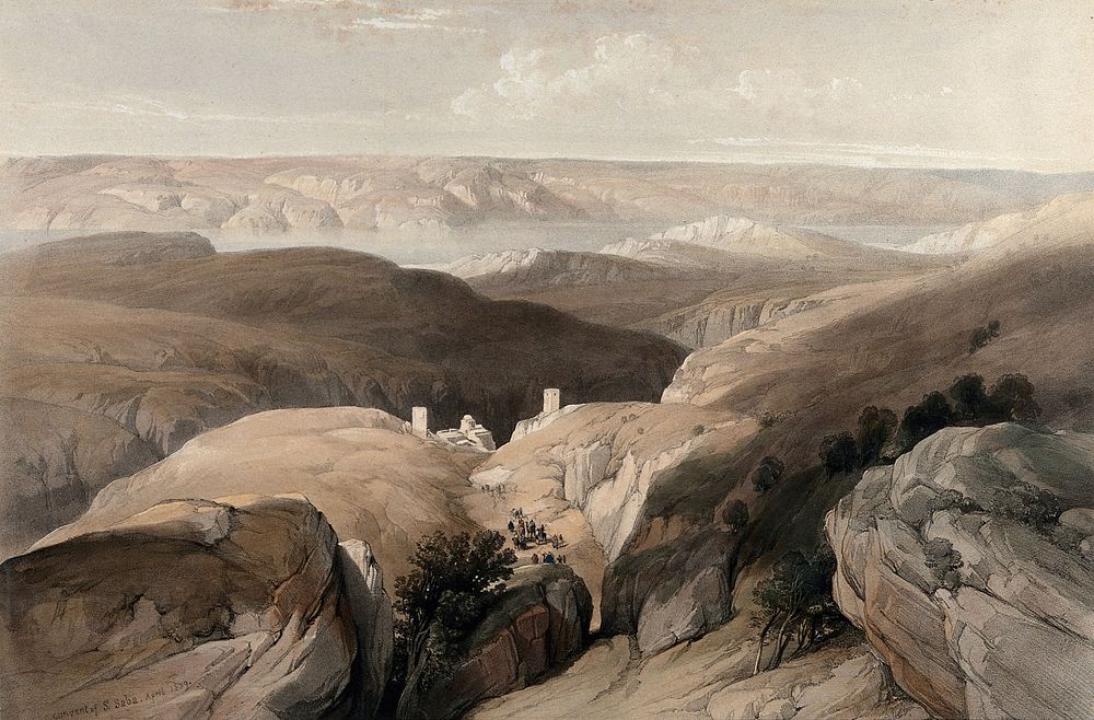 Wilderness of Engedi, with the monastery of St. Saba, looking toward the Dead Sea. Coloured lithograph by Louis Haghe after…