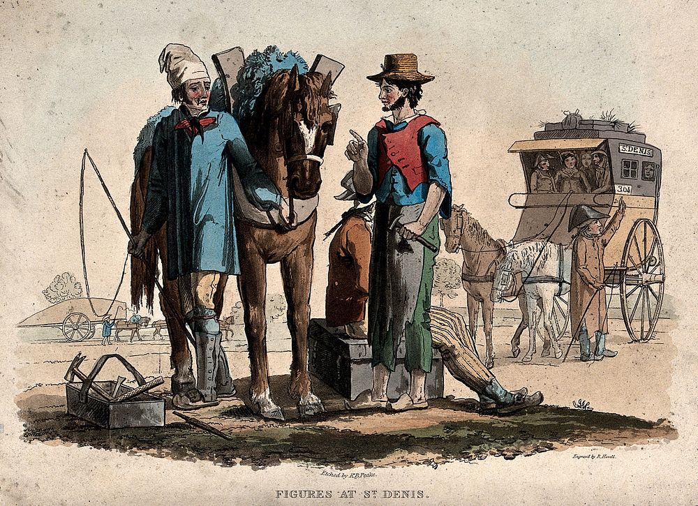 A farrier at Saint-Denis is talking to a countryman as he shoes his horse; people are about to set off for Paris in a horse…