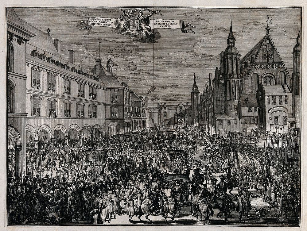 The reception of William III of Orange at court. Etching.