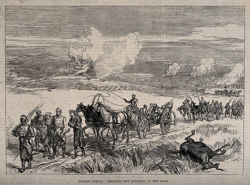 Russo-Turkish War: wounded Russian soldiers being brought back to the rear at the siege of Plevna. Wood engraving by…