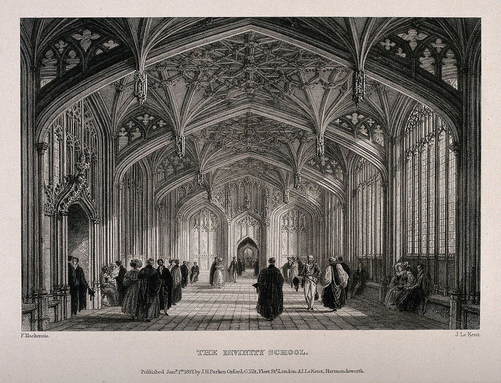 Divinity School, Oxford: great hall. Line engraving by J. Le Keux, 1837, after F. Mackenzie.