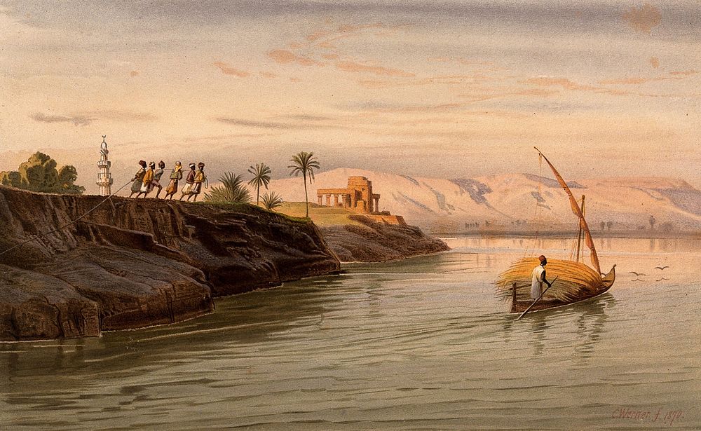 Egypt: the river Nile near Akhmim. Colour lithograph by G. Seitz, ca. 1878, after Carl Werner, 1870.