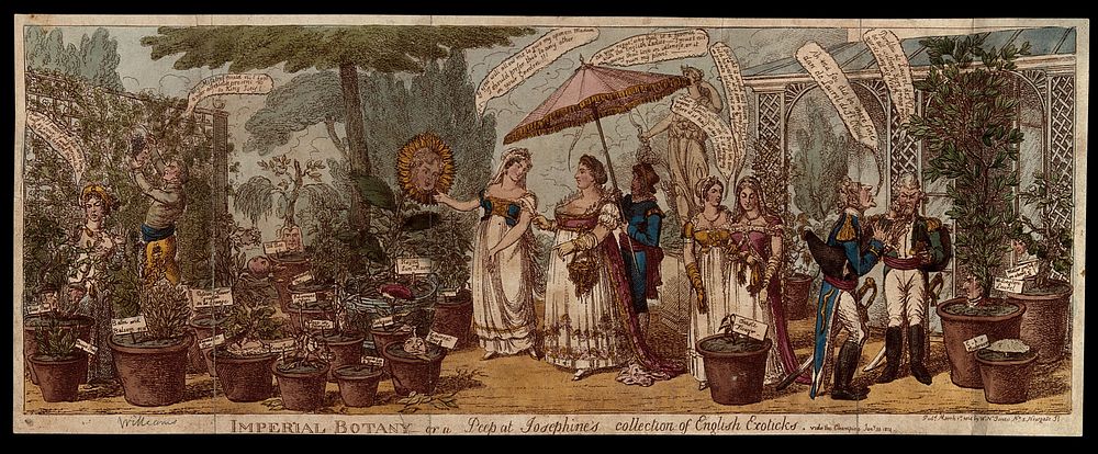 The Empress Josephine walking with her retinue in a garden of labelled potted plants which include animated likenesses of…