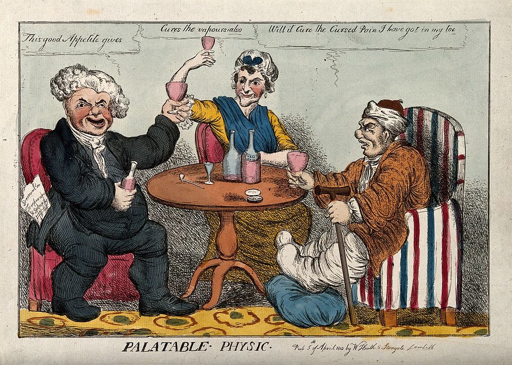 A man with gout seated at a table drinking with a parson and a woman. Coloured etching.